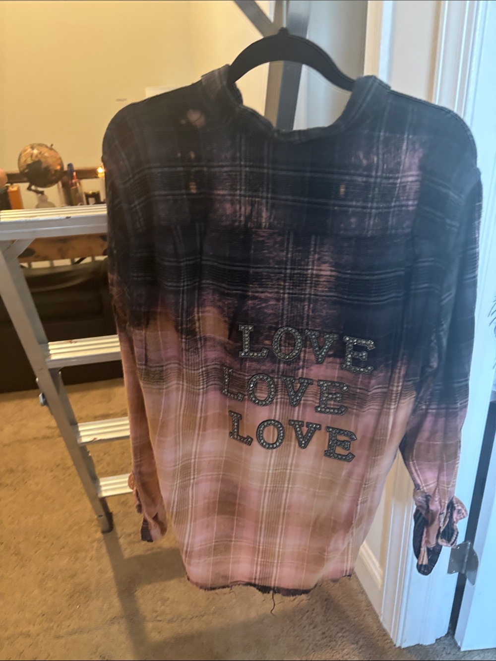 Ombre Plaid Button-Up Shirt with Heart Pocket - Black & Pink